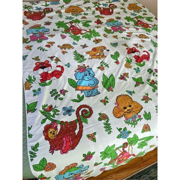 Vintage Mod MCM 1970s Cannon “Jungle Animals” Twin Flat Sheet - Picture 1 of 10